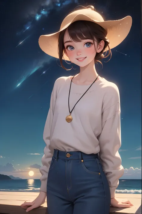 ((masterpiece,Best Quality, detailed)), Very young ，1 person，Cowboy Shot，(Lyric meaning: Lyric meaning: Very little girl:1.2)，Alone，(Charming smile:1.3)，Very short stature，Flat Chest，Standing，Observe the audience，(sea:1.3)，(Starry Sky:1.3)，moon，
