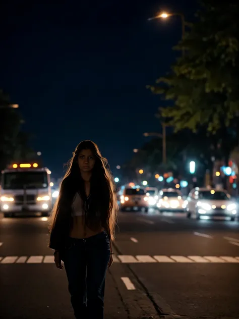 In the evening, the lights are on, the street, the traffic, the crowd, the long-haired girl walks alone