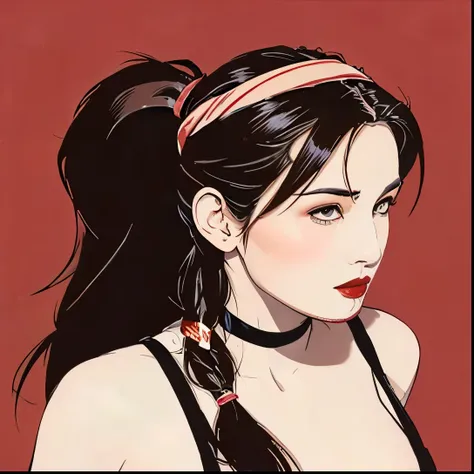 long hair, ponytail, headband, red lips, ribbon, large breasts, brown hair,