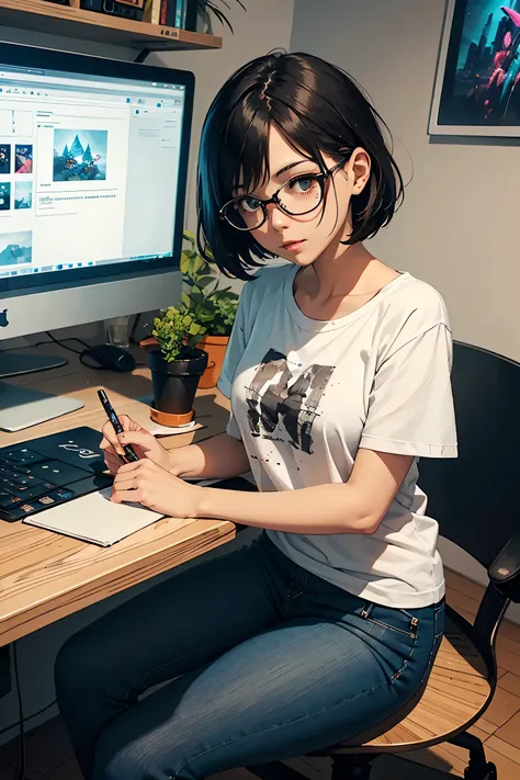 A beautiful young female game designer with short black bob hair is sitting in a modern workspace. She is wearing a casual yet stylish outfit, with a fitted t-shirt, jeans, and glasses, giving a creative and professional impression. Her workspace is filled...