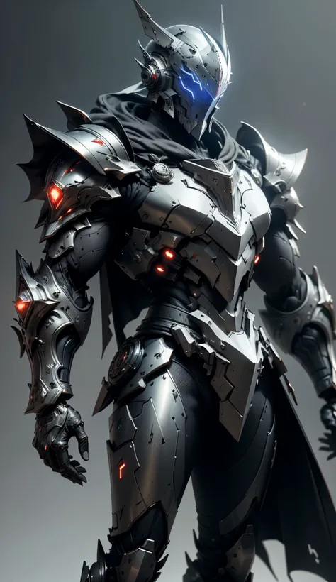 
The image depicts a towering, armored figure standing against a neutral gray background. The character appears to be a futuristic knight or mech pilot, clad in a white, intricately detailed suit of armor. The armor is adorned with red accents, particularl...