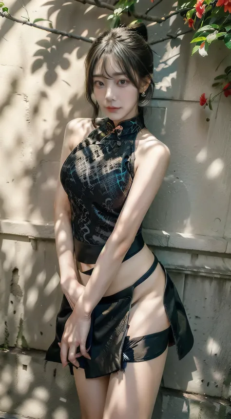 From below、(((Pure and cute woman:２１age))), Red Chinese Dress, The background is a road lined with trees、Outdoor、(A strong wind made her Chinese dress flutter..:1.4), ((I can see your underwear:1.5)), Beautiful medium long hair, bangs, Beautiful Eyes, Ultr...