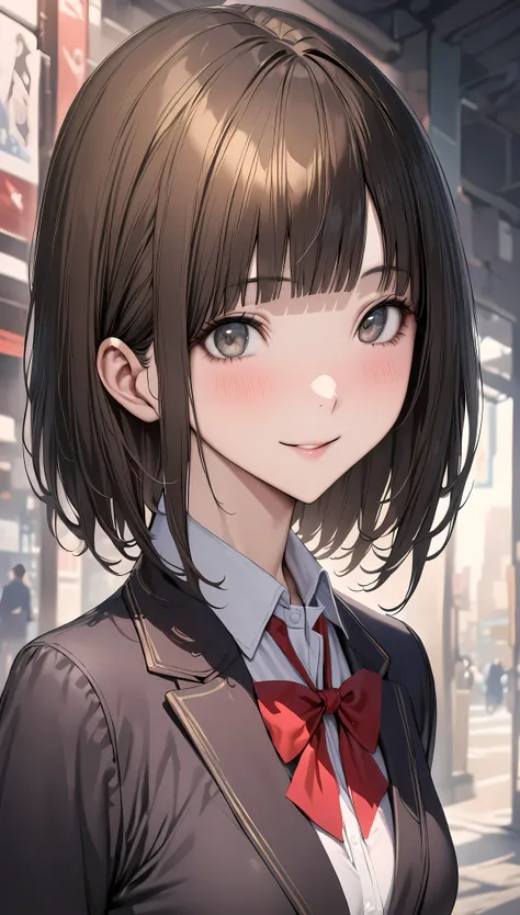 ((masterpiece,Best Quality:1.3,best quality illustrations)),realistic,close-up of face,portrait,1 woman,(young adult),(short bob cut hair),black hair,very small head, bangs,gray eyes,(gorgeous eyes),smile,very long body,medium breasts,(School uniform、Black...