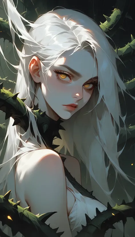 1woman, long silver hair, yellow eyes, white skin, her body surrounded by thistles and thorns, dark atmosphere, dark light, dimly lit,