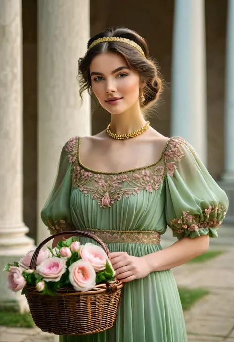 A woman with brown hair arranged in an elegant hairstyle decorated with a gold beaded headband holds a basket of light pink flowers. Her dress is a rich green colour with puffed sleeves and lace detailing at the neckline. She poses gracefully with one hand...