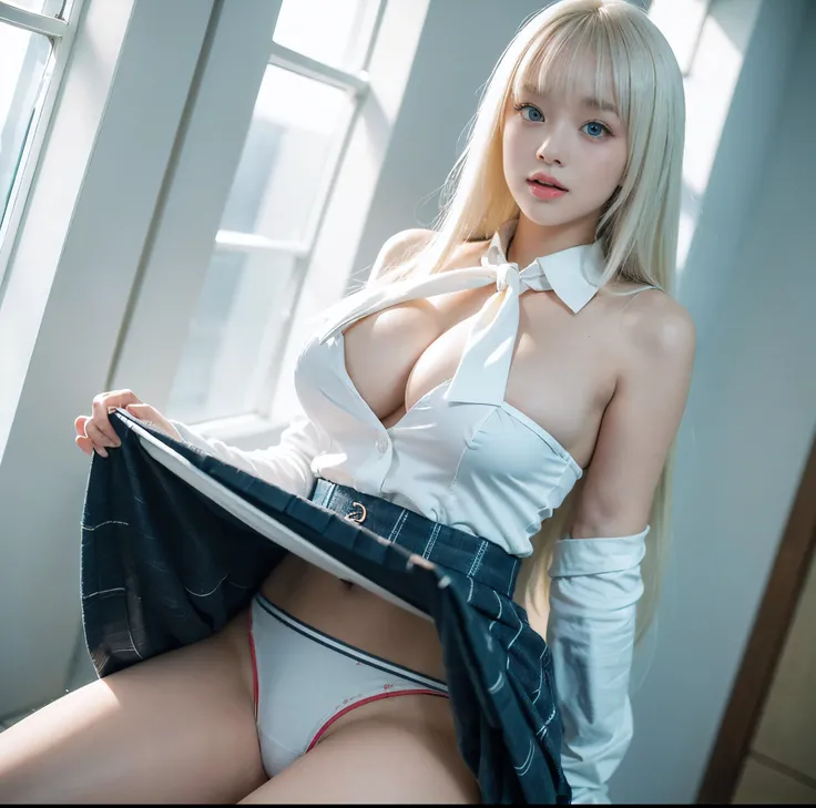 8K quality, Masterpiece, Artistic Lighting, Ultra-realistic, High chroma, Small waist super busty girl, (Her clothes are stretched because of her huge breasts:1.3), Whitening skin, Platinum blonde hair half-up with bangs, (Her bright, light blue eyes are l...