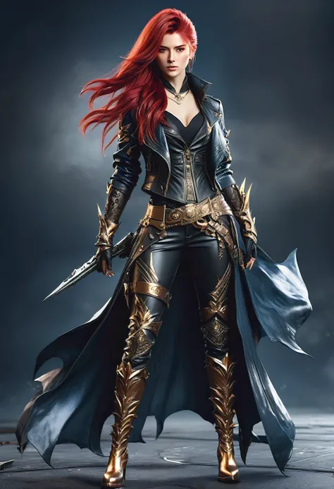 post apocalyptic clothe, full body from head to toe, A beautiful woman with long red hair wearing a golden devil may cry 5 Vergil outfit, master detail, pants , covered body, cinematic cover
