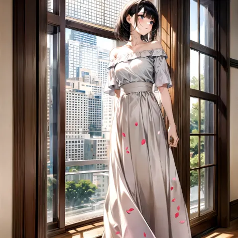 a woman standing in front of a window wearing a casual skirt, long skirt, midi skirt, casual style, in casual style, off shoulder clothes, dreamy style, casual dress, elegant woman, by Nishida Shunei, masterpiece!!, floral!, very beautiful style, casual cl...