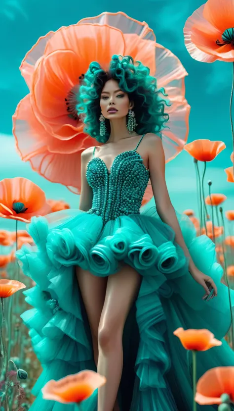 A full body close-up photo of a woman with big, curly hair standing in the middle, wearing a teal, futuristic fashion dress made of tulle, pearls, and pink flowers, with big earrings, standing on a turquoise field surrounded by neon orange poppies, with ci...