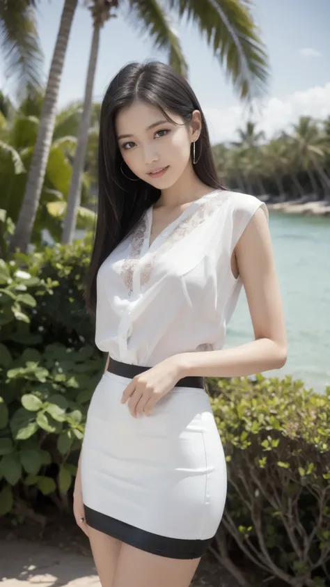 the sea sparkling in the morning sun , (sexy white micro blouse and tight skirt: 1.2), tropical islands, palm trees,straight hai...