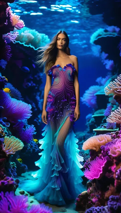 Full body shot of a fashion model with long hair in a bioluminescent dress of multi-colored huge corals with minimal details, with a large collar of purple anemones, a model walks
surrounded by huge corals of blue, purple and pink, photo taken with Canon R...