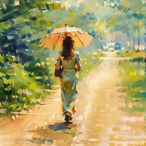 realistic landscape、a very sunny, dazzling afternoon、a straight road、(((roads shaking with heat haze)))、(((a woman holding a par...