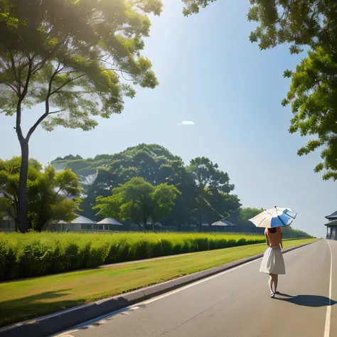 Realistic landscape、A very sunny, dazzling afternoon、A straight road、(((Roads shaking with heat haze)))、(((A woman holding a parasol appears small in the distance)))、((A small woman&#39;s figure swaying in the heat haze))、halation