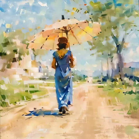 Realistic landscape、A very sunny, dazzling afternoon、A straight road、(((Roads shaking with heat haze)))、(((A woman holding a parasol appears small in the distance)))、((A small woman&#39;s figure swaying in the heat haze))