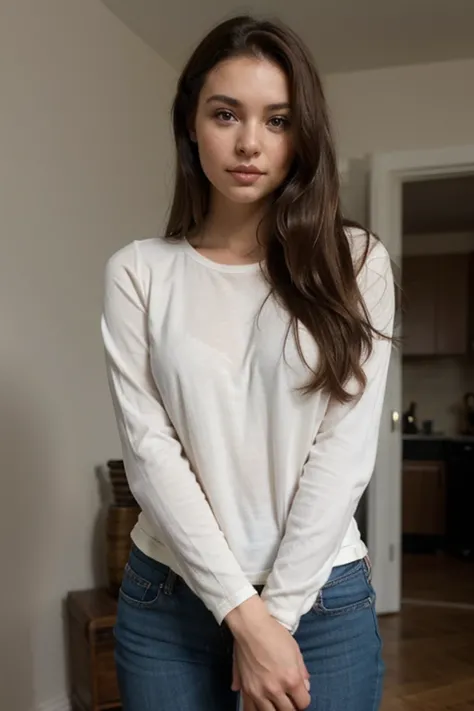 A beautiful woman with brown long hair, brown eyes in dark jeans