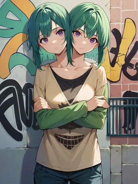 anime, (masterpiece, best quality), best resolution, two heads, 1girl, green hair, purple eyes, arms crossed, thinking, contemplative, casual clothes, graffiti on a wall