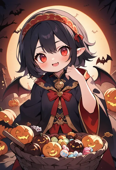 1girl\(vicomte,cute, vampire,vampire wings, red eyes,open mouth, sharp vampire fangs,black short hair, (long elven ears),red (ri...