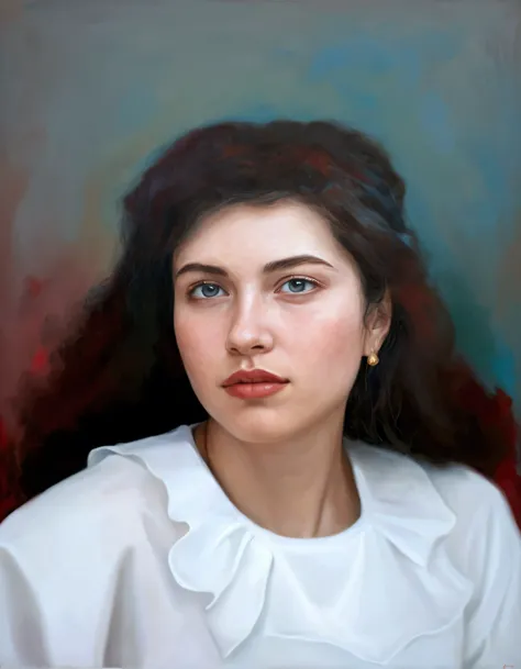 there is a woman with a white shirt and a red and blue background, color portrait, in a oil painting style, detailed color portrait, digital oil on canvas, in the style of an oil painting, side centered painted portrait, portrait in the style of craola, ce...