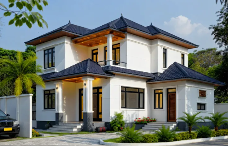 (masterpiece:1.2), best quality, photo of A two-story modern house in VietNam with white walls and dark tiles on the roof., tree and plant environment,daylight, streetcapes, natural light, vivid color, The exterior of an elegant single family home features...