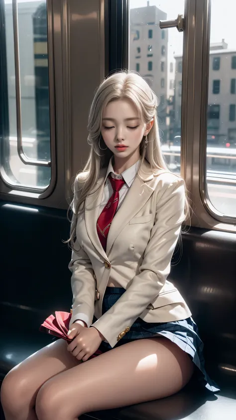 ((Girl sitting on a train seat))、Top quality work、Actual work、Ultra Premium Graphics、8K HD CG Works、High Quality Graphics、High resolution CG work、10x pixels、Extremely fine detail:1.1、Advanced technical details:1.1 Photorealistic、Natural light:1.5。Light eff...