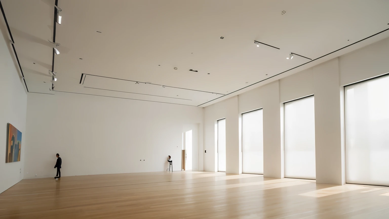 angle view of interior of modern art museum, showing long blank walls , close up