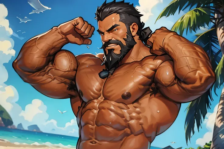 muscular,flex up,nude upper body,black beard