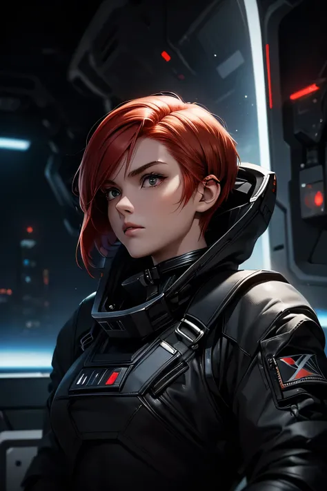 Perfect Anatomy　Best Quality,Highest Resolution,(((Black space suit　Red Hair　Short Hair)))　unlimited routes　Space Opera　Spaceship　cockpit　fighter