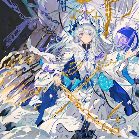 Best quality，Only one person，A girl，Light blue and silver hair，There are purple magic circles and chains around，Serious expression，Wearing a white robe，Wearing a magic hat，There are purple magic runes around，There is purple light around。