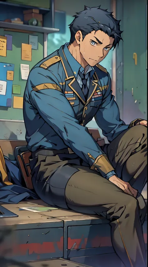 Hector Fay, Ultra high quality cg, solitary, Looking at the audience, Open your mouth, Sweating, Wet, Drooling, Gloves, 1 man,, Male focus, tie，shirt， military uniform，Lie down with your legs open
