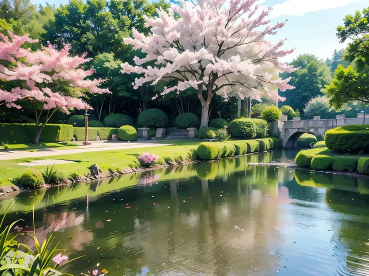 Absurd, High resolution, Super detailed,High image quality, Beautiful graphics, Attention to detail, masterpiece, Floating Buildings,Best Quality,Ancient temple in the sky, Lush garden, Bright colors, Quiet Pond, Traditional architecture, cherry blossoms