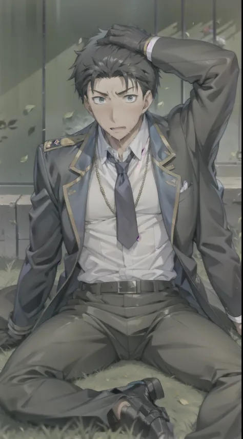 Hector Fay, Ultra high quality cg, one person, Looking at the audience, Open your mouth, Sweating, Wet, Drooling, Gloves, 1 man,,whole body， Male focus, tie，shirt， military uniform，Lie down with your legs open，Thigh-wrap holster
