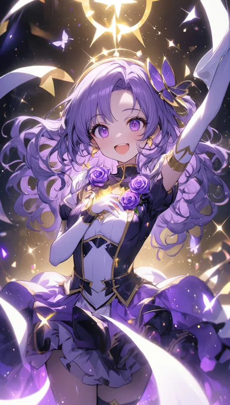 (magic少女1人:1.5)、紫のmagic少女、(Long Wavy Hair)、Ruffled Skirt、Purple ribbon、butterfly々、Lots of purple roses、magic、Sparkling、lame、Glitter、White Feather、(Dancing)、smile