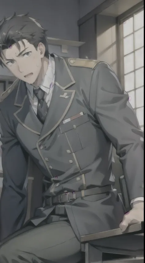 Hector Fay, Ultra high quality cg, solitary, Looking at the audience, Open your mouth, Sweating, Wet, Drooling, Gloves, 1 man,, Male focus, tie，shirt， military uniform，Lie down with your legs open
