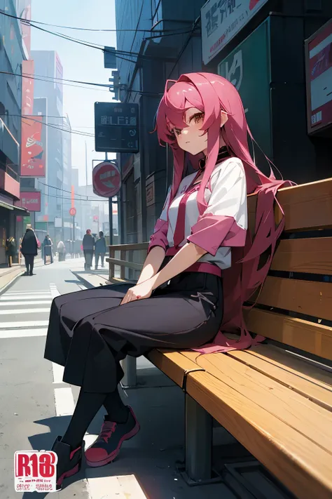 Anime girl sitting on a bench in a city with fish, Anime Cover, Art Cover, VA-11 Hall-A, ufotable art style, official artwork, Shu, Digital Cyberpunk Anime!!, In the art style of The Dragon King&#39;s Work, Modern cyberpunk anime, Cyberpunk Style, Anime gi...