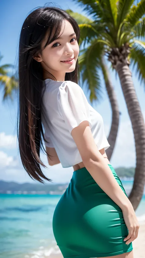 The sea sparkling in the morning sun , (Sexy white micro blouse and tight skirt: 1.2), Tropical islands, Palm trees,Straight hair,Long Hair, Dark blue eyes, 1 girl, 20 years old, (Intricate details: 1.2), (Detailed eyes), Long upturned eyes,(Detailed face)...