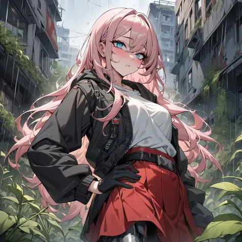 (masterpiece), best quality, expressive eyes, perfect face, (very aesthetic, best quality, ultra detailed), intricate details, 1girl, long hair, light pink hair, aquamarine eyes, open black hoodie, white shirt, red skirt, belts on the hip, black gloves, bl...