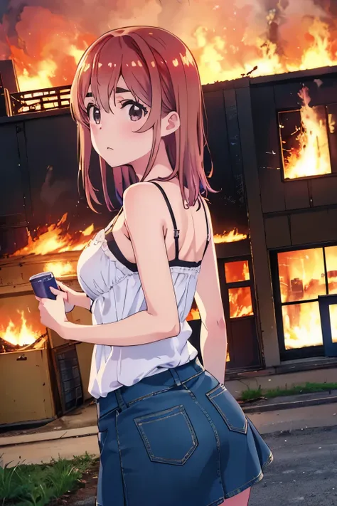 masterpiece, Best Quality, High resolution、sumi sakurasawa、Standing with your back to me、Sexy expression、Sexy blue short jean skirt、Mid-chest、Cleavage、Black bra、at night、Turn around and show your butt、A military base on fire、fence、Building on fire