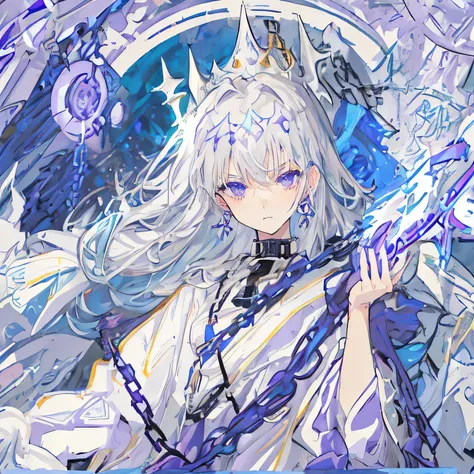 Best quality，Only one person，A girl，Light blue and silver hair，There are purple magic circles and chains around，Serious expression，Shouting expression，Frowning，Wearing a white robe，Wearing a magic hat，There are purple magic runes around，There is purple lig...