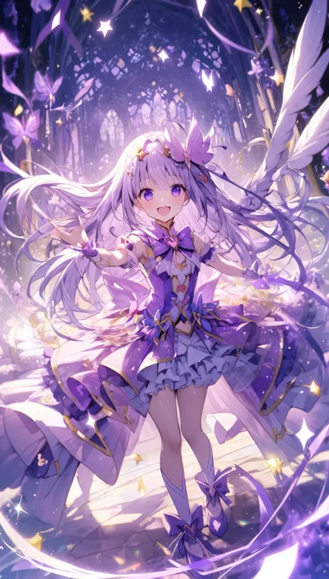 (Magical Girl 1:1.5)、Purple Magical Girl、(Long Straight Hair)、Ruffled Skirt、Purple ribbon、butterfly々、Lots of purple roses、The Magic of Flowers、Sparkling、lame、Glitter、White Feather、(Dancing)、smile