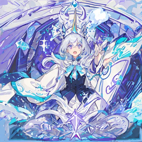 Best quality，Only one person，A girl，Light blue and silver hair，There is a purple magic circle around，Serious expression，Shouting expression，Open mouth，Frowning，Wearing a white robe，Wearing a magic hat，There are purple magic runes around，There is purple lig...