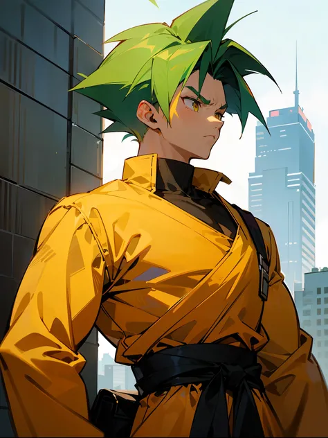 1male , Dark Skin, Gren Eyes , Legendary Super Saiyan Hair, Bright Pale Green Hair, Spiky Hair , Modern Undercut Hair , Serious Expression , Adult Male , Lean Muscular , Fitted Longsleeve Turtleneck , White Crossbody Sash , Streetwear Clothing, Modern city...