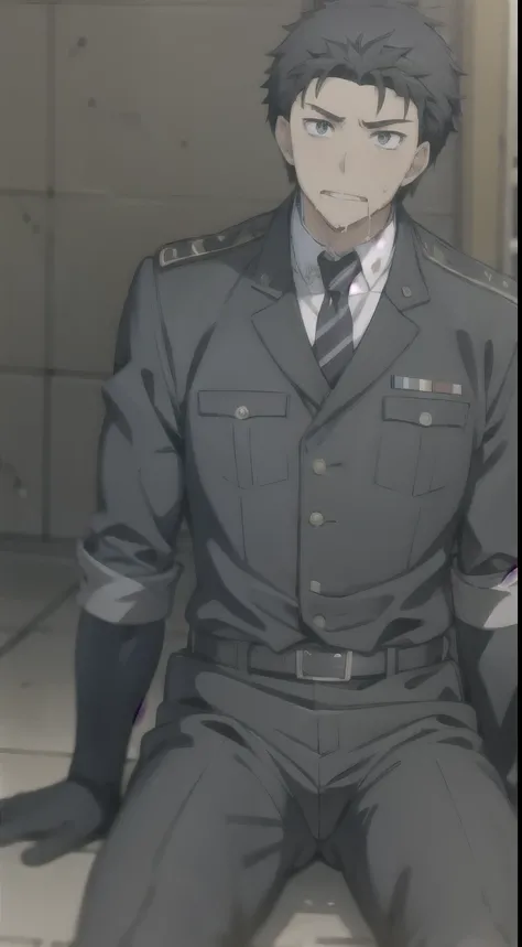 Hector Fay, Ultra high quality cg, solitary, Looking at the audience, Open your mouth, Sweating, Wet, Drooling, Gloves, 1 man,, Male focus, tie，shirt， military uniform，Lie down with your legs open
