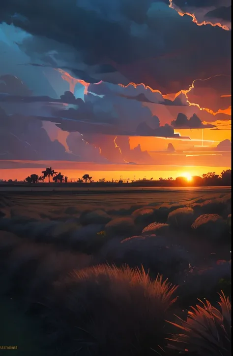 arafed view of a field with palm trees and a sunset, by Jason A. Engle, by Richard Gruelle, by Jim Murray, evening storm, by Greg Staples, by Neil Blevins, gorgeous atmosphere, evening sunset, incredibly beautiful, stormy setting, by Nicholas Marsicano, by...