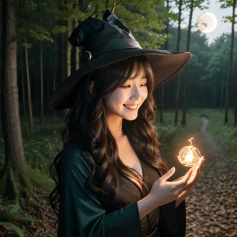 realistic,, one korean girl (tight sorcerer outfit), witch hat (full bang)), smiling, beautiful hair, The ends of the hair are wavy ,((layers hair)), ((in a woods)), ((japanese hair)),, holding staff, night time, fireball, magic circle, cleavage slighly ex...