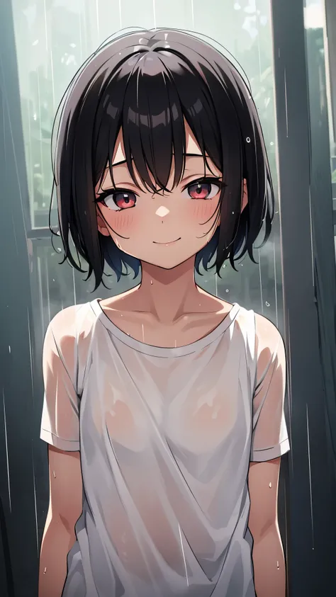 Little child girl 1 ,short hair,Black Hair,Close your eyes,smile,Sweaty,Wet,naked,naked足,Dense forest,Boyish hairstyle,rain,cloudy,hot,hot顔,sun,