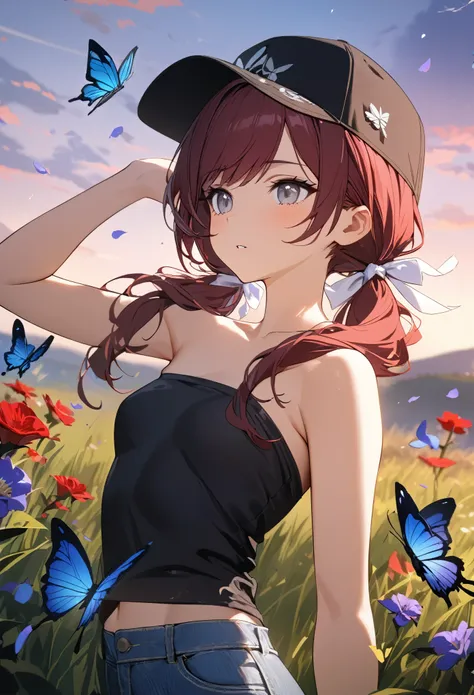 (1girl,20 years old), standing, gray eyes, dark red hair, low twin tails, swept bangs, white ribbons, strapless black shirt, black baseball cap, jeans, stoic, small breasts, toned arms,separated lips,lying,grassland, natural soft lighting, dusk, butterfly,...