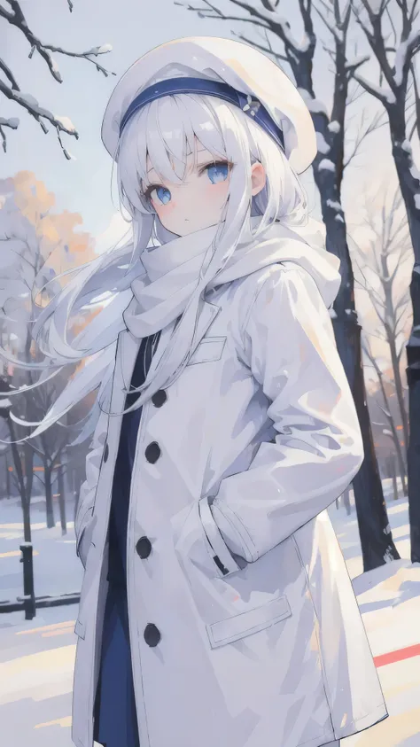 winter, In the snow, A girl, White long hair, White coat, Correct facial features, Clear picture, Hands in pockets, scarf, Beret, sideways, depth of field, cowboy shot, UHD, masterpiece, 4K, super detail