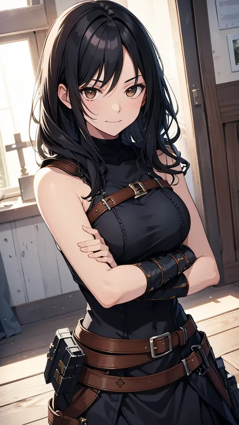 [[[ ultra-detailed, best quality, soft skin, beautiful face, masterpiece, close-up, western medieval setting, anime]]], black hair, brown eyes, thief gear, smirking, arms crossed