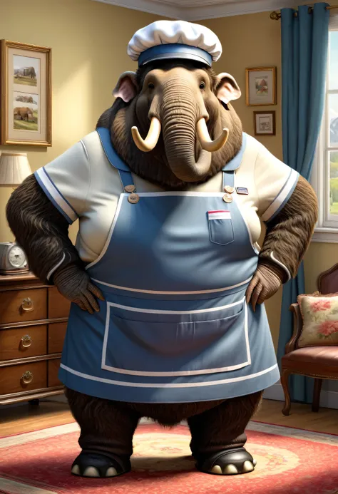 photorealistic portrait of Dressed animals - a ((fat)) (mammoth) housekeeper,(hands on hips:1.5),(happy smile:1.2), high quality,(lovely) ,intricate details, highly detailed (( housekeeper costume)), wearing housekeeper cap and apron ,sneakers, highly deta...