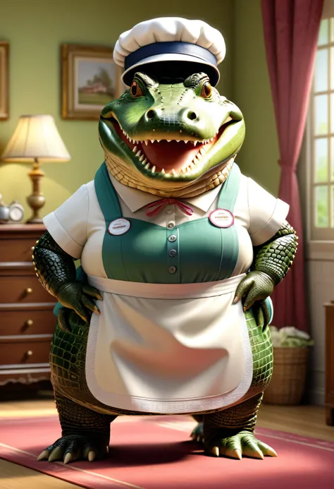 photorealistic portrait of Dressed animals - a ((fat)) (crocodile) housekeeper,(hands on hips:1.5),(happy smile:1.2), high quality,(lovely) ,intricate details, highly detailed (( housekeeper costume)), wearing housekeeper cap and apron ,sneakers, highly de...